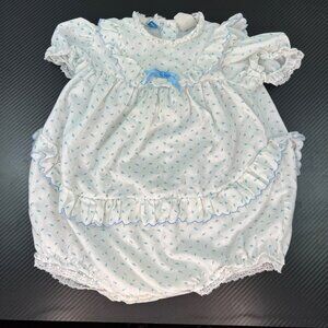 VTG Nannette Infant Girl Ruffle Romper One Piece Size L Made in USA Blue White